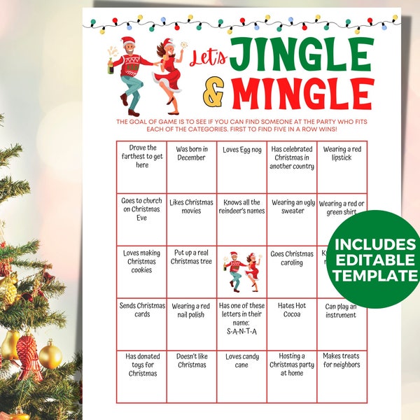 Christmas Jingle And Mingle Bingo, Find the Guest Bingo, Work Holiday Office Party Christmas Game, Mix And Mingle Bingo Human Bingo Editable