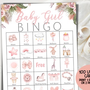 Babybingo meisjes, bingospel babyshower, 100 voorgevulde bingokaarten, bingocadeau babyshower, grote babyshowerfeestspellen