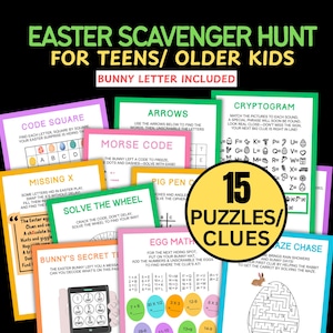 May include: An Easter scavenger hunt game for teenagers and older children, with 15 puzzles and clues. The game includes code squares, mazes, and cryptograms, all with a bunny theme. The game includes a bunny letter.