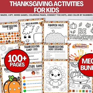 Thanksgiving-Aktivitäten für Kinder zum Ausdrucken, Thanksgiving-Aktivitäten-Seiten-Bundle- Malseiten, Spiele, Puzzles, Punkte verbinden, I Spionieren, Türkei