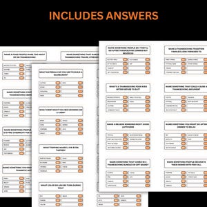 May include: A set of printable Thanksgiving-themed game sheets with fill-in-the-blank questions. The sheets are white with black text and orange accents, featuring prompts like "Name a Thanksgiving Tradition Families Look Forward To."
