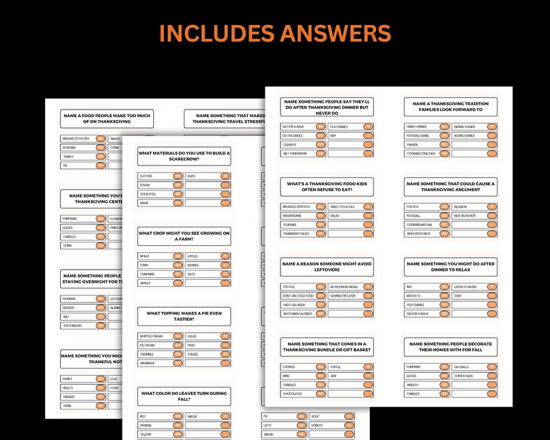 May include: A set of printable Thanksgiving-themed game sheets with fill-in-the-blank questions. The sheets are white with black text and orange accents, featuring prompts like "Name a Thanksgiving Tradition Families Look Forward To."