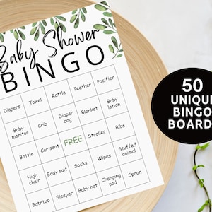 50 cartes de bingo préremplies pour baby shower, bingo pour bébé, jeux neutres, activité baby shower, bingo cadeau bébé, bingo bébé verdure à imprimer