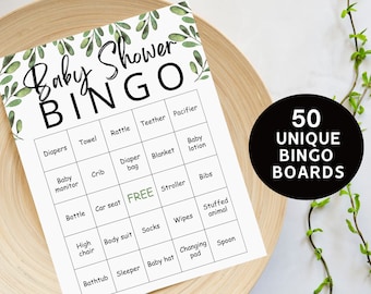 50 prefilled baby shower bingo cards, Baby Bingo, Gender neutral games, Baby Shower Activity, baby gift bingo, baby bingo greenery printable