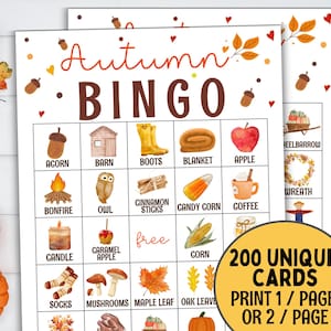 Herfstbingo, 200 herfstbingokaarten, herfstfeestspellen volwassenen kinderen, kinderen herfstactiviteit klasse feestspel, herfstfestivalbingo, kerkbingo