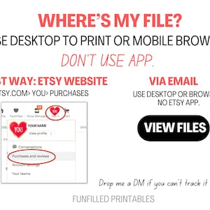 K&ouml;nnte beinhalten: Ein Screenshot eines Computerbildschirms, der zeigt, wie man auf Etsy.com auf gekaufte Dateien zugreift. Der Text lautet "Wo ist meine Datei?" und "Verwenden Sie einen Desktop zum Drucken oder einen mobilen Browser. Verwenden Sie keine App." Der Text lautet auch "Beste M&ouml;glichkeit: Etsy-Website Etsy.com> Sie> K&auml;ufe" und "Per E-Mail Verwenden Sie einen Desktop oder einen Browser. Keine Etsy-App. Dateien anzeigen".