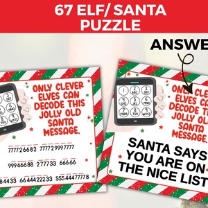 Könnte beinhalten: Zwei Weihnachtskarten mit einem Puzzle-Thema. Eine Karte zeigt eine Telefongrafik und den Text "NUR CLEVERE ELFEN KÖNNEN DIESE FRÖHLICHE ALTE WEIHNACHTSBOTSCHAFT ENTSCHLÜSSELN." Die andere Karte sagt "DER WEIHNACHTSMANN SAGT, DU STEHST AUF DER NETTEN LISTE."