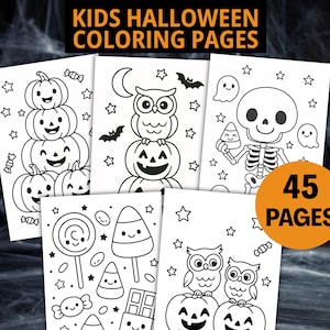 May include: A collection of Halloween-themed coloring pages for kids. The pages feature various designs, including pumpkins, owls, skeletons, ghosts, and candy. The text "KIDS HALLOWEEN COLORING PAGES" is at the top, and a circle with "45 PAGES" is on the right.