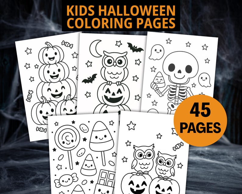 May include: A collection of Halloween-themed coloring pages for kids. The pages feature various designs, including pumpkins, owls, skeletons, ghosts, and candy. The text "KIDS HALLOWEEN COLORING PAGES" is at the top, and a circle with "45 PAGES" is on the right.