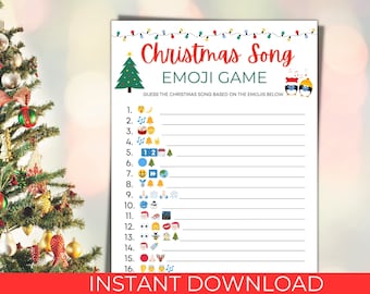 May include: A printable Christmas Song Emoji Game with a festive design. The game features a green Christmas tree graphic, string lights, and two penguins wearing hats. The title "Christmas Song Emoji Game" is in red and green. The game includes 16 lines for answers.