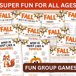 May include: A set of fall-themed group games printed on white cardstock. The games feature orange and brown text with autumn leaf and branch borders. Titles include "What's in Your Bag?" and "Who is Most Like a Pumpkin?" with the text "Super Fun for All Ages."