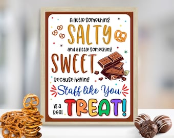 Personeel waardering teken, chocolade pretzel dank u teken, werknemer schoolleraar waardering, iets zoute zoete traktatie afdrukbaar teken