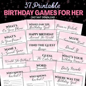 Juegos de cumpleaños para ella, juegos para fiestas de cumpleaños para adultos, juegos imprimibles para fiestas de cumpleaños de mujeres (21, 30, 40 y 50 años), quién sabe qué cumpleañera.