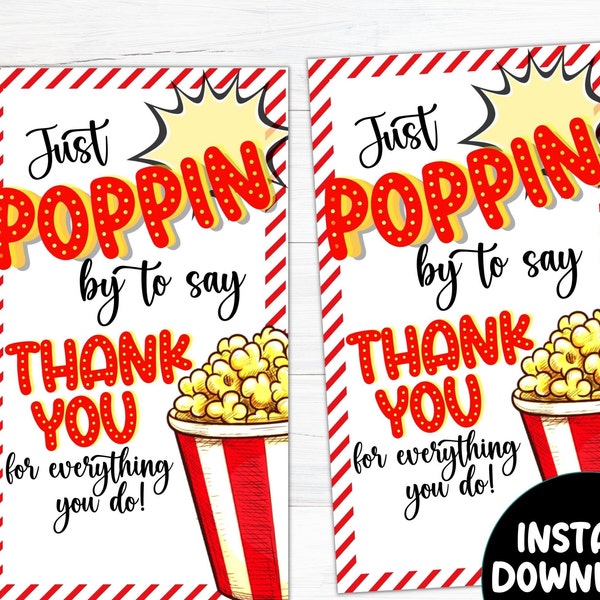 Popcorn gift tag, Popcorn Appreciation tag, Poppin by to say thank you popcorn tag, Teacher Appreciation gift, Employee Appreciation day,