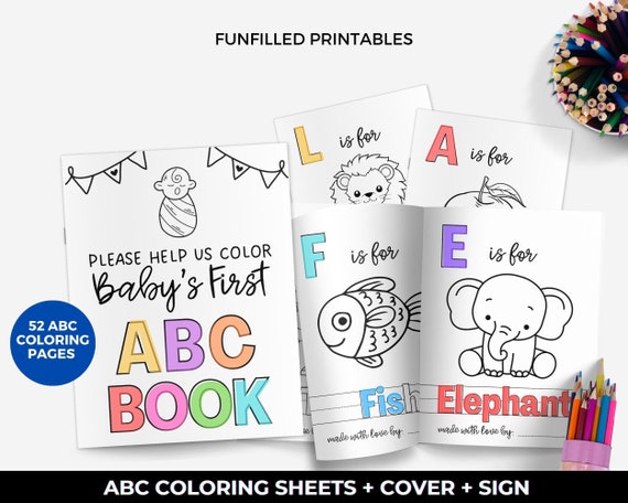 Baby Shower ABC Coloring Book, Baby's First ABC Book, Baby Shower Keepsake, Baby Alphabet Book, Printable 52 Pages Baby Shower Game Activity
