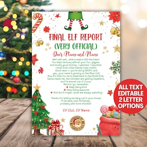 Puede incluir: Un imprimible con temática navideña con el texto "Final Elf Report" y espacio para un nombre. El diseño incluye un árbol de Navidad, el saco de Papá Noel, bastones de caramelo y estrellas. El informe es editable con 2 opciones de letras.