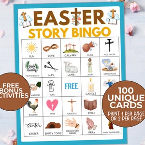 100 Ostergeschichten-Bingokarten, religiöses Osterbingospiel, christliches religiöses Bingo, Osterbibel-Bingo, Kirchen-Bingo, Karwoche-Bingo