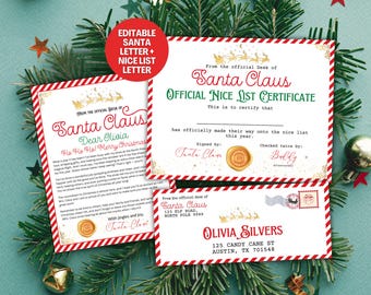 May include: A festive Christmas set including a letter from Santa Claus, a Nice List certificate, and an envelope. The letter and certificate have red and white borders, with text in red and green. The envelope is addressed to Olivia Silvers.