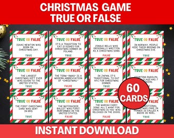 May include: A set of 60 Christmas-themed True or False cards. Each card features a festive red and green border and a question about Christmas traditions and facts. The text "Christmas Game True or False" is at the top.