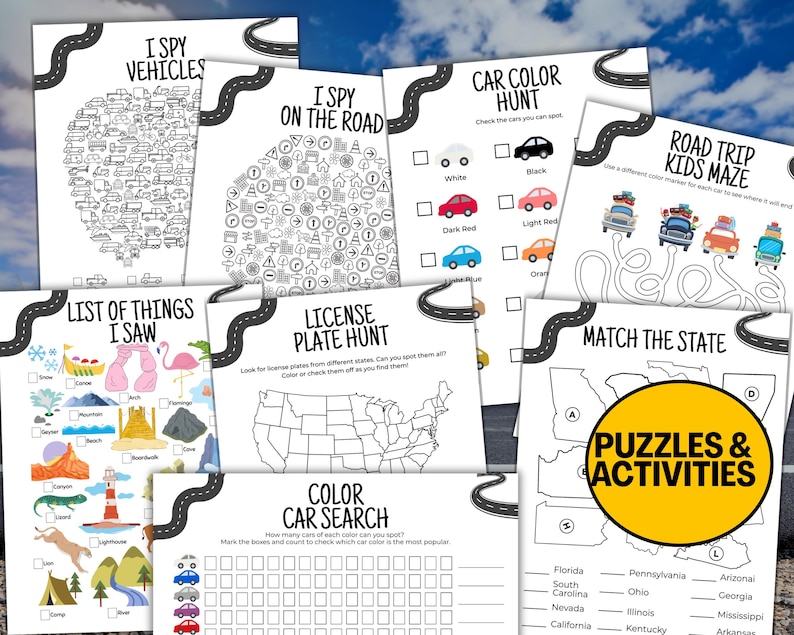 May include: A collection of printable activity sheets for kids, featuring road trip-themed games and puzzles. Includes "I Spy" games, mazes, color hunts, and state matching activities. The sheets are black and white with colorful accents.