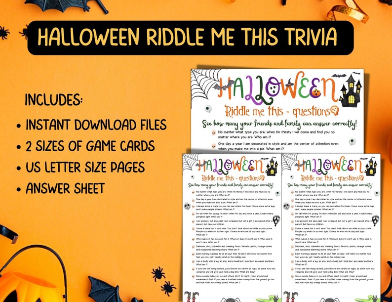 Puede incluir: Juego de preguntas y respuestas de Halloween "Halloween Riddle Me This Trivia" con dos tarjetas de juego imprimibles que incluyen acertijos de Halloween espeluznantes. El juego incluye una hoja de respuestas y est&aacute; disponible en dos tama&ntilde;os.