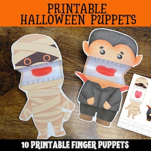 May include: Two paper puppets featuring a mummy and a vampire with open mouths, accompanied by a printed sheet showing additional character designs. The text PRINTABLE HALLOWEEN PUPPETS and 10 PRINTABLE FINGER PUPPETS is visible at the top and bottom.