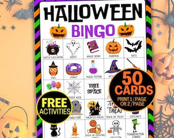 Halloween Bingo Printable Halloween Games For Adults Kids Party Game, Halloween Activities, Preschool Halloween Class Party 50 Bingo Cards
