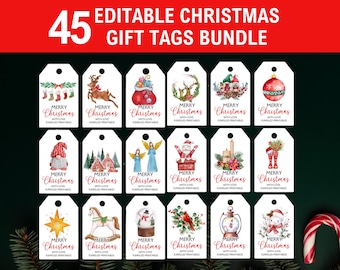 May include: A bundle of 45 editable Christmas gift tags. Each tag features a unique watercolor illustration with the words "Merry Christmas" and "With Love". Designs include ornaments, reindeer, snowmen, and more.