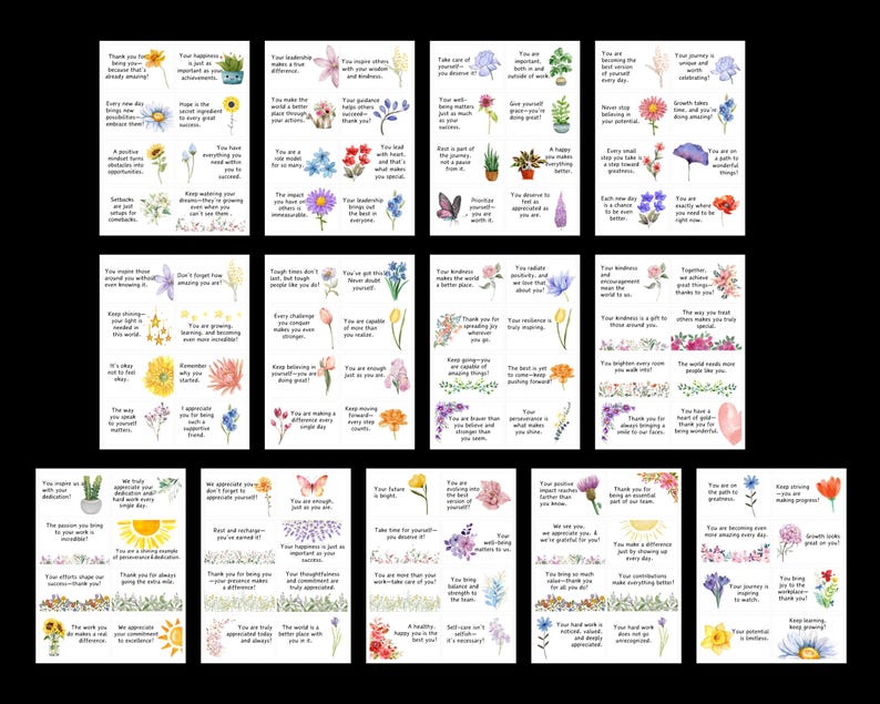 May include: A set of 36 colorful printable affirmation cards featuring watercolor illustrations of flowers and plants. Each card has a positive message about self-love, growth, and encouragement. The cards are perfect for a self-care routine or to inspire others.