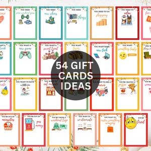 Puede incluir: Una colecci&oacute;n de 54 ideas para tarjetas de regalo, cada una con un tema &uacute;nico y un borde colorido. Las tarjetas presentan ilustraciones y texto como "self-care", "new shoes", "shopping" y "fun activity". El texto central dice "54 Gift Cards Ideas."