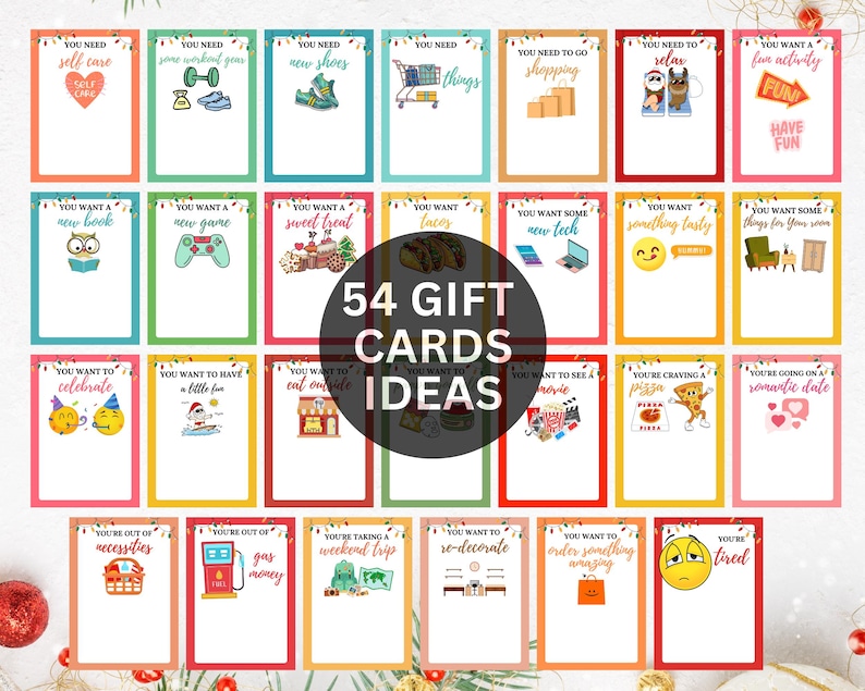 Puede incluir: Una colecci&oacute;n de 54 ideas para tarjetas de regalo, cada una con un tema &uacute;nico y un borde colorido. Las tarjetas presentan ilustraciones y texto como "self-care", "new shoes", "shopping" y "fun activity". El texto central dice "54 Gift Cards Ideas."