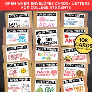 Open When Envelopes College Students, Open When Cards, Open When College Care Package, Printable Open When Letters, Going Away Gift College