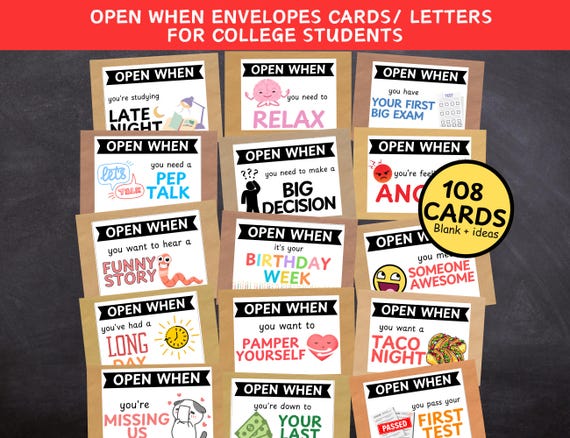 Open When Letters Envelopes College Gifts, College Care Package, Open When Envelopes, Going Away Gifts for College Student, Printable Cards