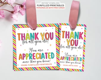 Thank You Gift Tag Template, Employee Staff Appreciation Tag, Volunteer Nurse Team Teacher Appreciation Gift Tag, Appreciation Day/ Week Tag