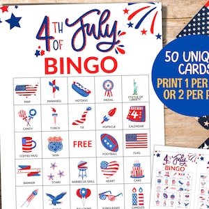 4. Juli Bingo, 50 Viertel Juli Bingokarten druckbar, 4. Juli Spiele, einfache Aktivität für Erwachsene, großes Partyspiel zum Unabhängigkeitstag