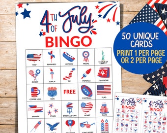 4th of July Bingo Game, 50 Fourth of July Printable Bingo Cards, Independence Day, 4th of July Party Games Kids Activities Celebrations