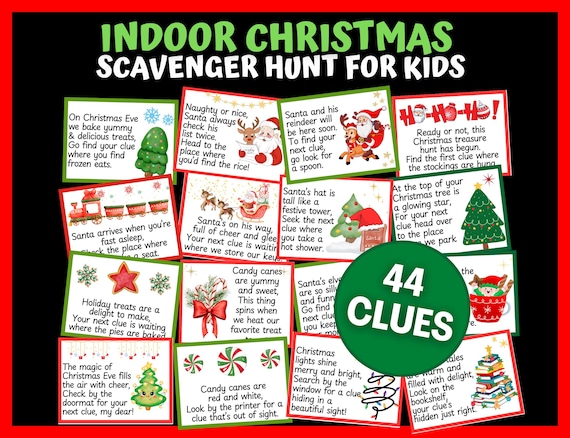 Christmas Scavenger Hunt Kids, Treasure Hunt Clues, At Home Christmas Game, Christmas Activity, Indoor Kids Christmas Hunt For Gift Surprise
