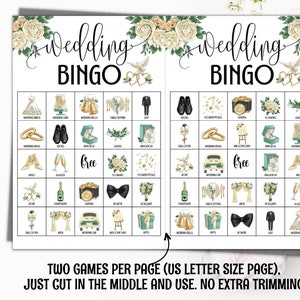 K&ouml;nnte beinhalten: Zwei druckbare Hochzeit-Bingo-Karten mit einem gr&uuml;n-wei&szlig;en Blumendesign. Jede Karte hat ein freies Feld und 24 Felder mit verschiedenen Hochzeitsmotiven, wie z. B. Eheringe, ein Hochzeitskleid, eine Hochzeitstorte und ein Hochzeitsauto. Der Text "Wedding Bingo" steht oben auf jeder Karte.