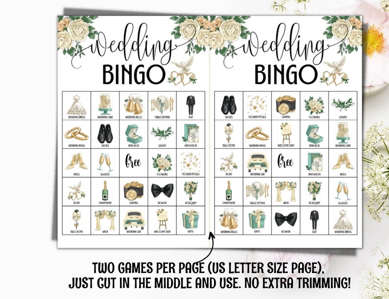 K&ouml;nnte beinhalten: Zwei druckbare Hochzeit-Bingo-Karten mit einem gr&uuml;n-wei&szlig;en Blumendesign. Jede Karte hat ein freies Feld und 24 Felder mit verschiedenen Hochzeitsmotiven, wie z. B. Eheringe, ein Hochzeitskleid, eine Hochzeitstorte und ein Hochzeitsauto. Der Text "Wedding Bingo" steht oben auf jeder Karte.