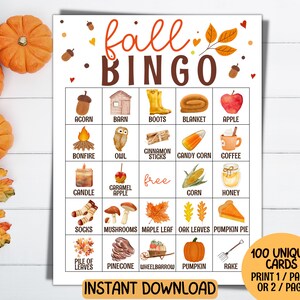 Bingo de otoño, juegos de fiesta de otoño, juegos de otoño, bingo de otoño imprimible, bingo de la cosecha, fiesta de clase para niños, festival de otoño, 100 tarjetas de bingo para grupos grandes