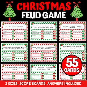 以下が含まれることがあります： 55枚のカードが入ったクリスマスフュードゲーム。ゲームカードは赤と緑のボーダーで、さまざまなクリスマスをテーマにした質問が特徴です。ゲームにはスコアボードと回答が含まれています。「Christmas Feud Game」というタイトルは赤色で表示されています。