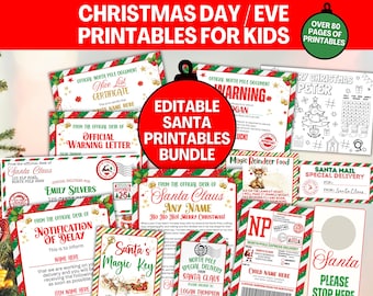 May include: A collection of Christmas-themed printable documents for kids, including letters from Santa, nice list certificates, and coloring pages. The bundle features red, green, and white designs with festive borders and text like "Santa's Magic Key".
