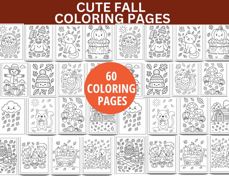 May include: A collection of 60 fall-themed coloring pages. The pages feature various autumn illustrations, including pumpkins, cats, squirrels, and cozy sweaters. The words "CUTE FALL COLORING PAGES" and "60 COLORING PAGES" are displayed.