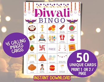 Può includere: Una scheda del gioco del Bingo Diwali con un design festivo. La scheda presenta varie immagini relative al Diwali e il testo "Diwali Bingo". Due cerchi viola mostrano "45 Calling Images Cards" e "50 Unique Cards Print 1 or 2 / Page."