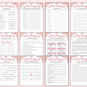 Puede incluir: Una colecci&oacute;n de juegos imprimibles para la hora del t&eacute;, que incluyen Charadas, Word Puzzle y Fact or Fiction. Cada hoja de juego presenta un dise&ntilde;o floral con rosas rosas y las palabras "Tea Party".