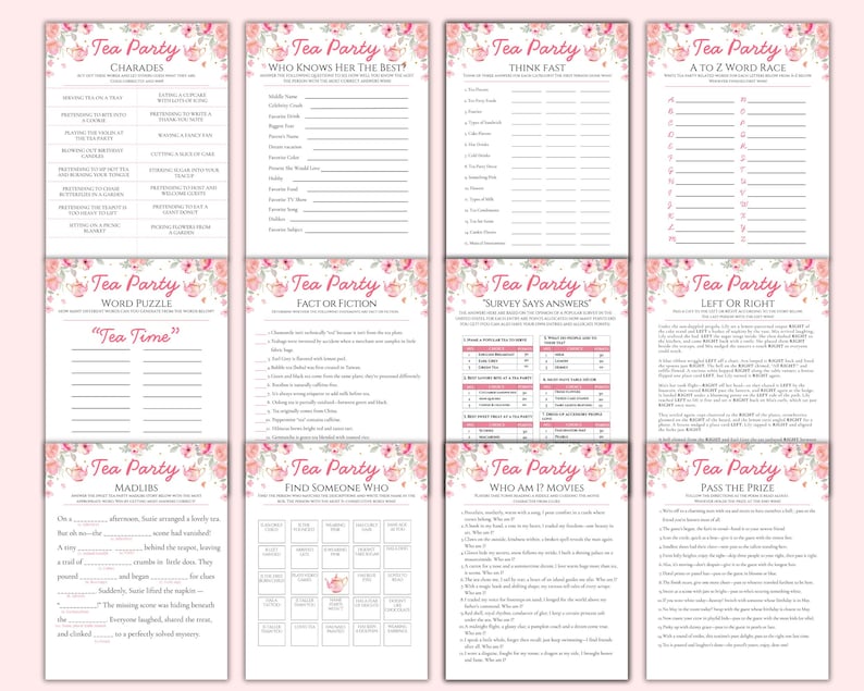 Puede incluir: Una colecci&oacute;n de juegos imprimibles para la hora del t&eacute;, que incluyen Charadas, Word Puzzle y Fact or Fiction. Cada hoja de juego presenta un dise&ntilde;o floral con rosas rosas y las palabras "Tea Party".