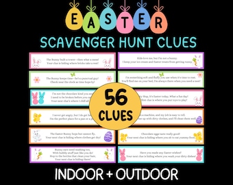 Può includere: Un set di 56 indizi per la caccia alle uova di Pasqua stampati su carte colorate con illustrazioni di conigli, pulcini e uova. Le carte sono etichettate "Interno + Esterno".