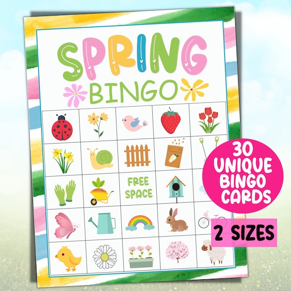 Spring Bingo Game, 30 Spring Printable Bingo cards, Spring Games, Kids Spring Game Activity, Kids Party Game, Spring Class Game, Springtime