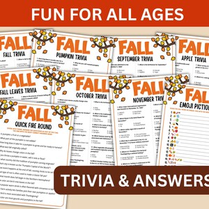 May include: A selection of fall trivia games, including pumpkin, apple, and emoji pictionary, with the text "FUN FOR ALL AGES" at the top. The words "TRIVIA & ANSWERS" are displayed at the bottom of the image.