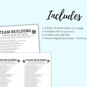 K&ouml;nnte beinhalten: Zwei druckbare PDF-Seiten f&uuml;r ein Teambuilding-Spiel namens "Office Pass the Prize". Die Spielanweisungen sind auf der Seite aufgef&uuml;hrt. Das Spiel beinhaltet das Weitergeben eines Preises im B&uuml;ro an die Person, die am besten zu der Beschreibung in jeder Zeile passt. Das Spiel soll Teambuilding und Spa&szlig; f&ouml;rdern.